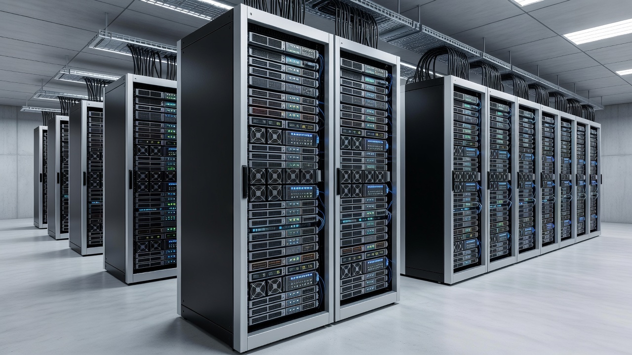 Array of high performance enterprise compute racks in clean architectural room