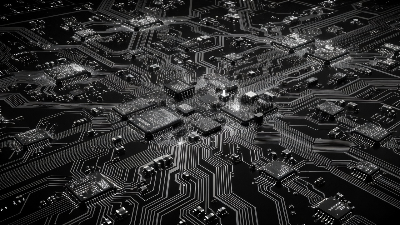 Monochrome circuit matrix representing computational autonomy and agentic execution