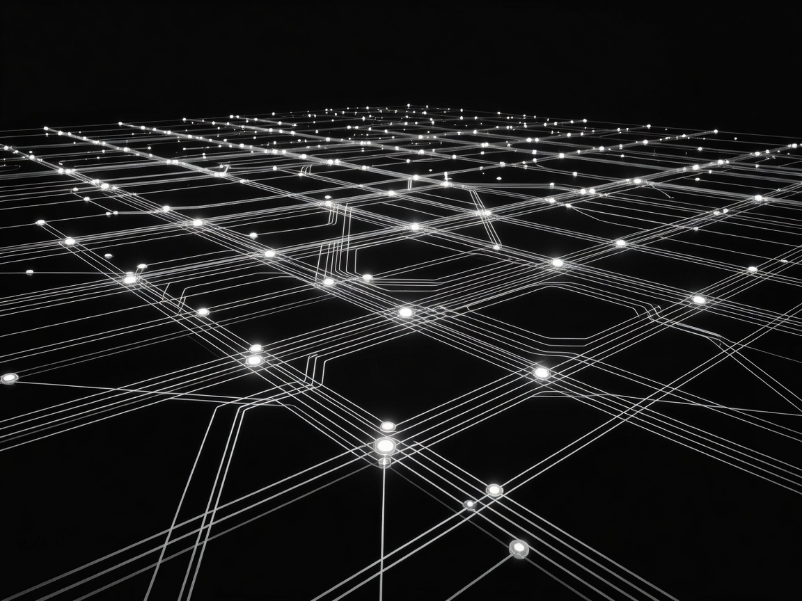 Monochrome digital network matrix symbolizing intelligent agent routing