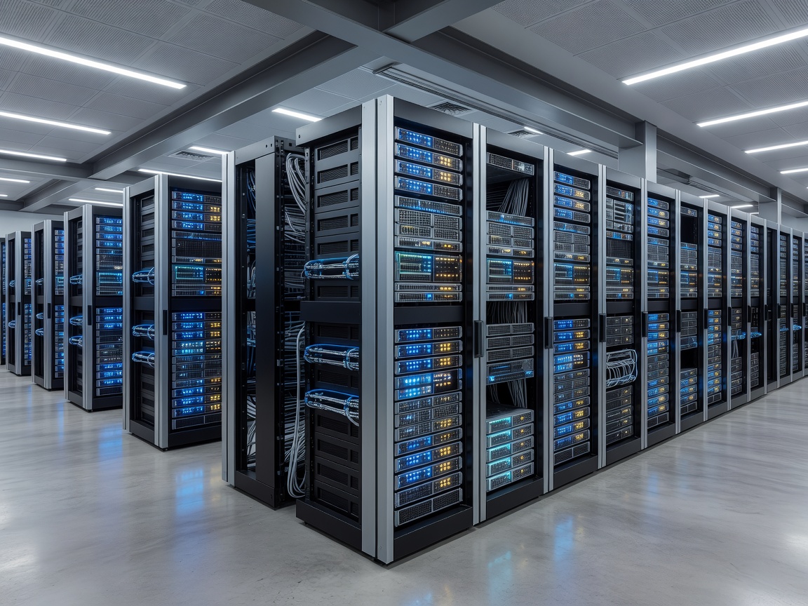 Server hall architectural racks indicating automated enterprise computing